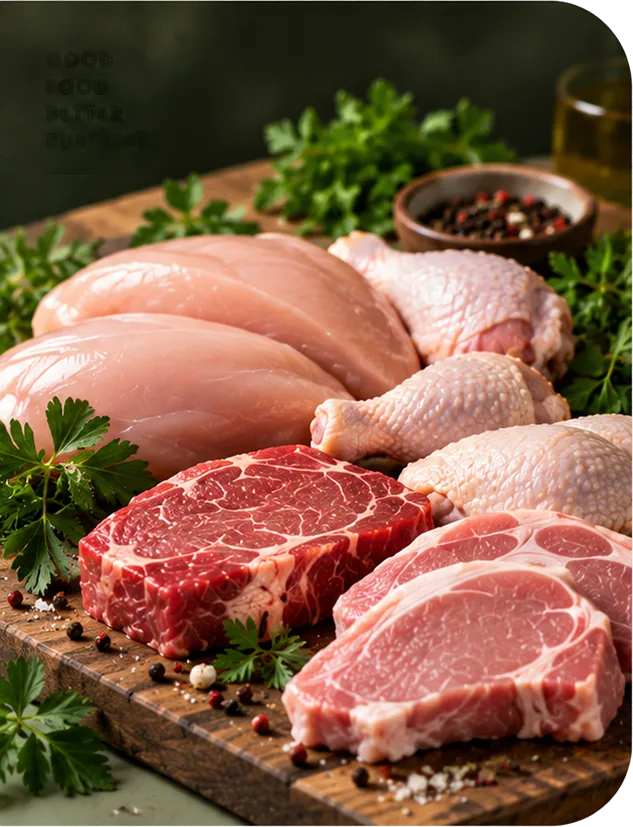 Morceaux crus de poulet, porc et bœuf