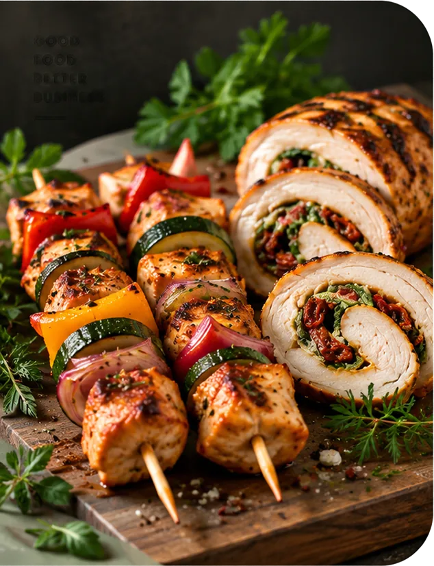 Brochettes de poulet et roulé de poulet farci